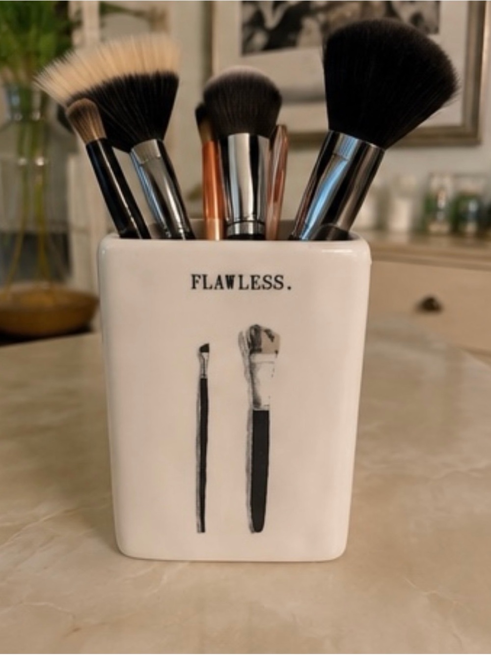 Rae Dunn “FLAWLESS” Makeup Brush Holder | White Ceramic Vanity Organizer